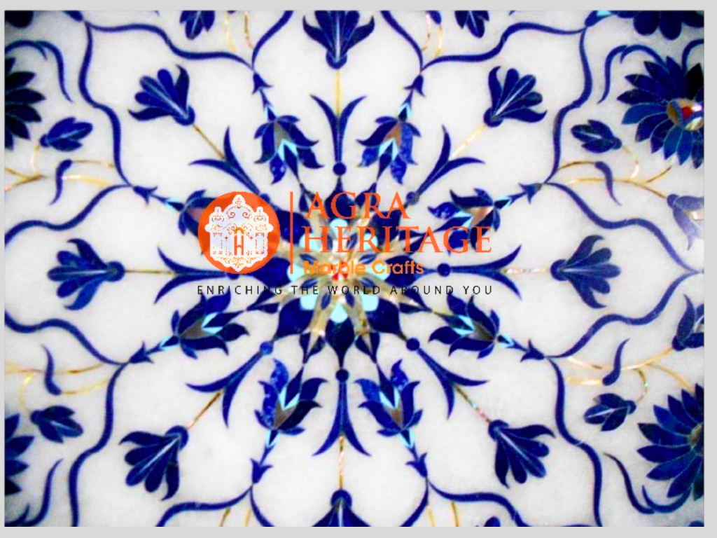 White Marble Lapis Lazuli Inlay Floral Art Corner Table Top